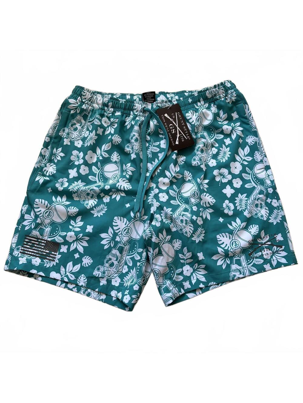Grunt Style Swim Trunks Board Shorts Tropical Death Aqua Men's Size Large NWT